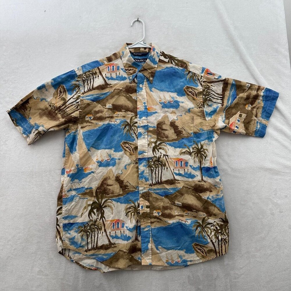 Vintage Nautica Shirt Mens L Blue Hawaiian Island Beach All Over Print Pocket